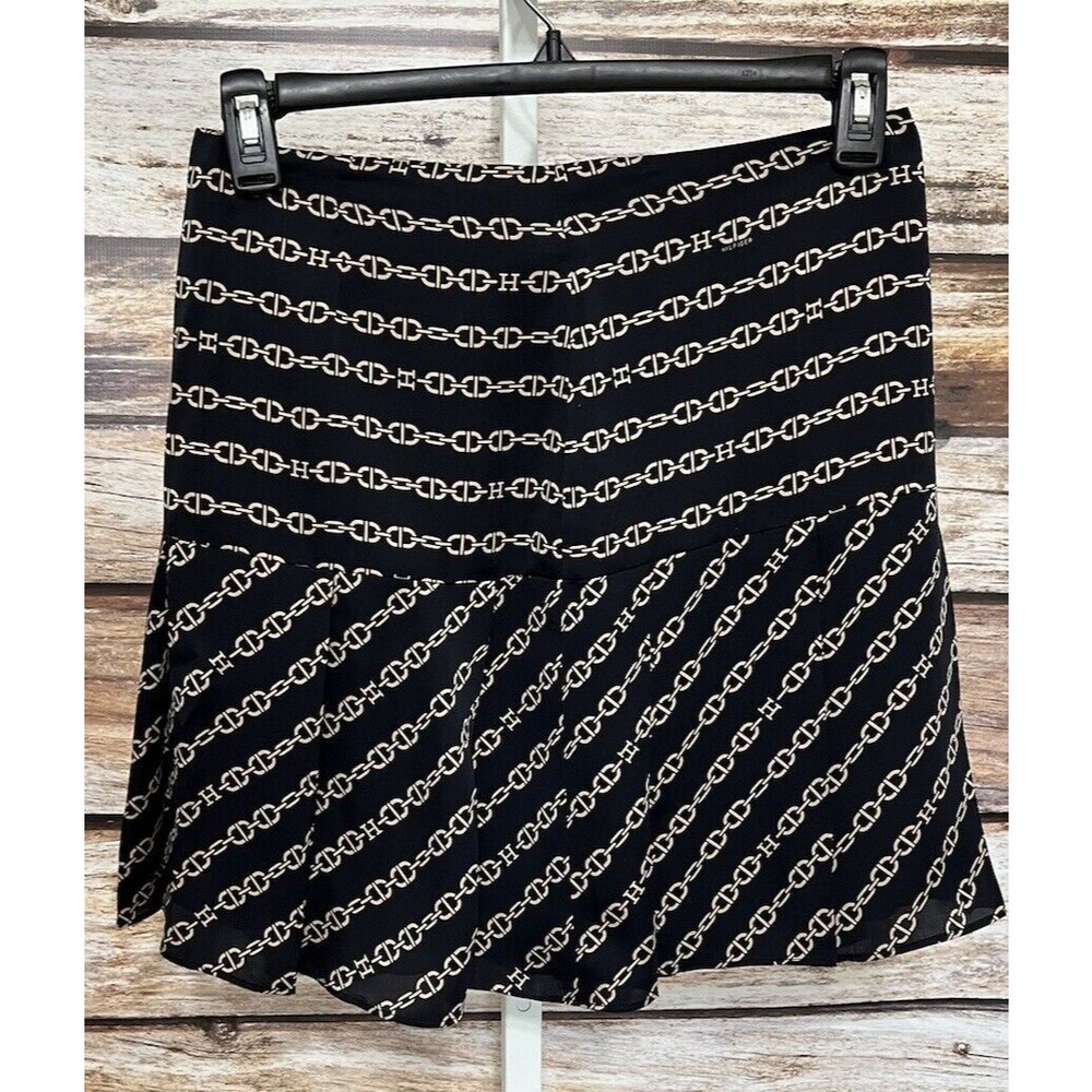 Tommy Hilfiger Silk A Line Mini Skirt Size 4 Pleated Chain Logo Print